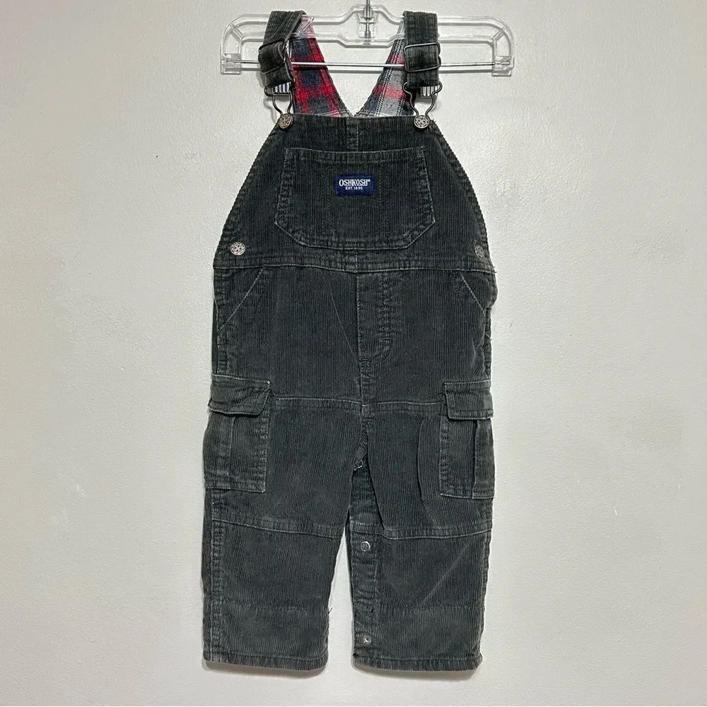 Oshkosh Vestbak Corduroy Overalls Plaid Flannel Lined Bibs Baby 6-9 Months Snaps